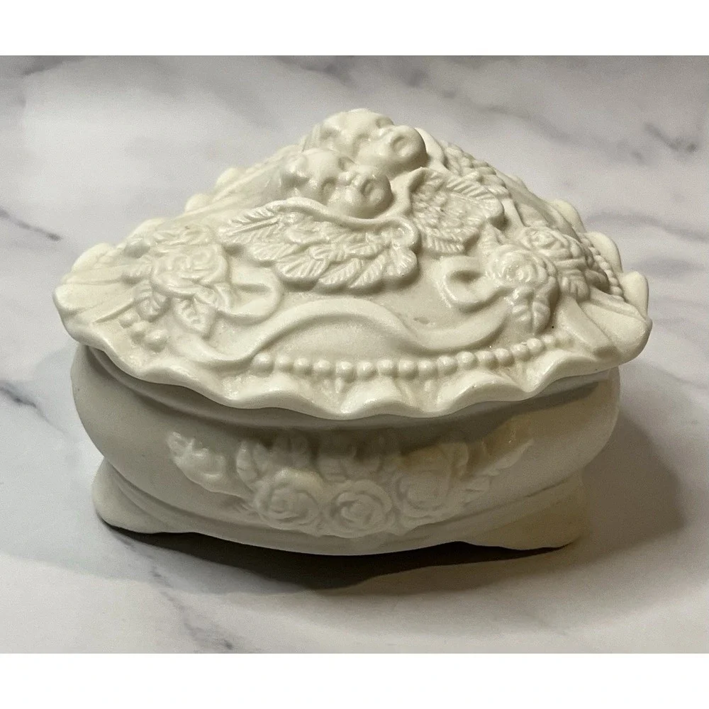 Vintage White Porcelain Bisque Cherub Angel Heart Roses Trinket Vanity Box